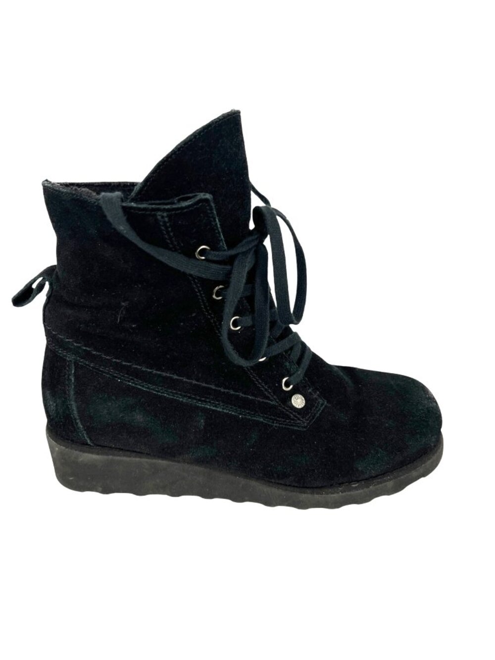 Bearpaw Krista Black Suede Lace-Up Ankle Boots Sherpa Wool Lining Size 9
